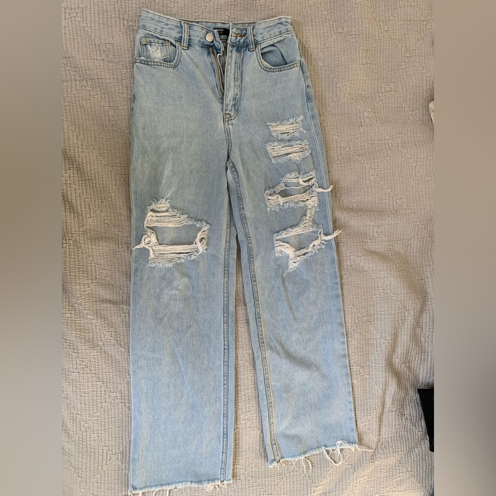 Denim jeans, wide leg and high waisted with rips